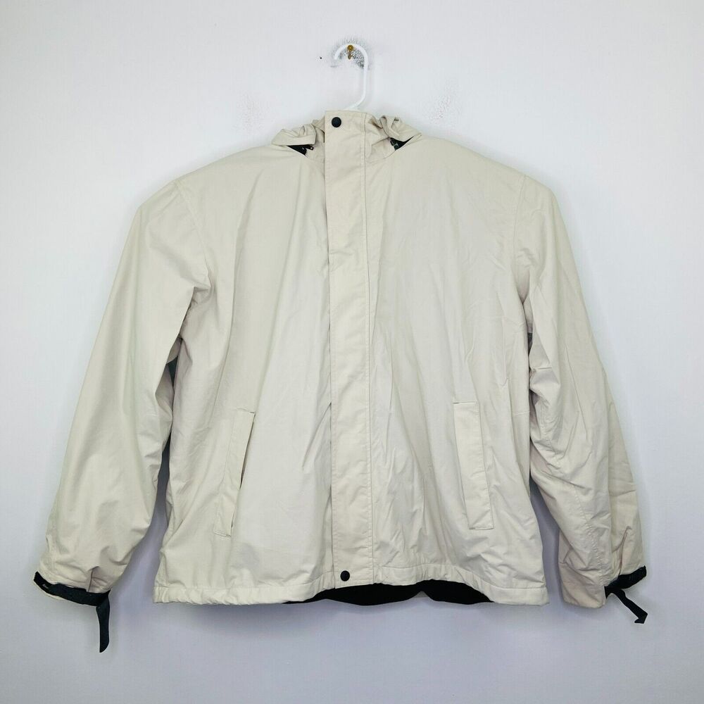 Eddie Bauer Mens XXL Rain Jacket Beige Fleece Lined Removable Hood Full Zip Flaw